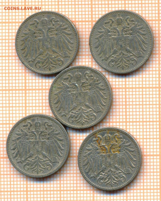 Австрия 10 геллеров 1893,1894,1895,1909,1910, фикс 1м 20руб - Австрия 5 монет