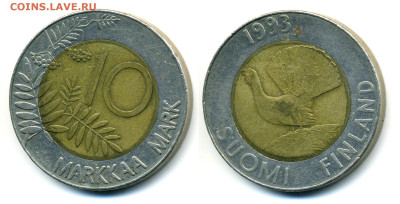 Финляндия 10 марок, 1993 биметалл до 16.03 22:40 - fin10m1993