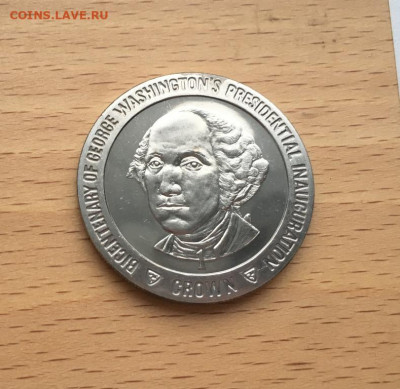 Крона Шайба Остров Мэн 1 крона 1989 Вашингтон Портрет - krona_shajba_ostrov_men_1_krona_1989_inauguracija_vashingtona_portret