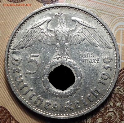 5 рейхсмарок 1939г В Гинденбург 13.04.23 в 22-00 - 1839 В реверс