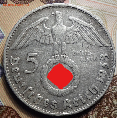 3- рейх 5 рейхсмарок 1938г D Свастика 19.04.2023г в 22-00 - 1938 D Св реверс (2)