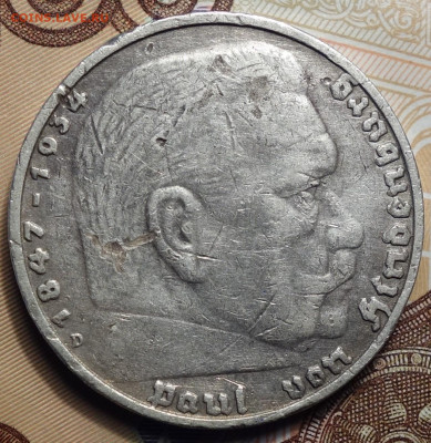 3- рейх 5 рейхсмарок 1938г D Свастика 19.04.2023г в 22-00 - 1938 D Св аверс.JPG