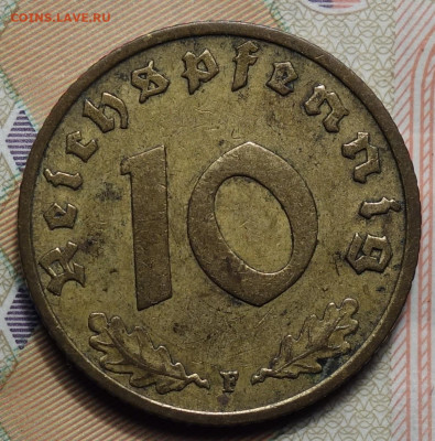 10 рейхспфеннингов 1938г F 17.05.2023г в 22-00 - 1938 F реверс.JPG
