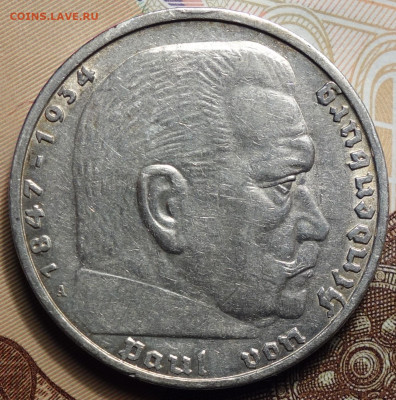 5 рейхсмарок 1935г А Гинденбург 17.05.2023г в 22-00 - 1935 А Гинд аверс.JPG