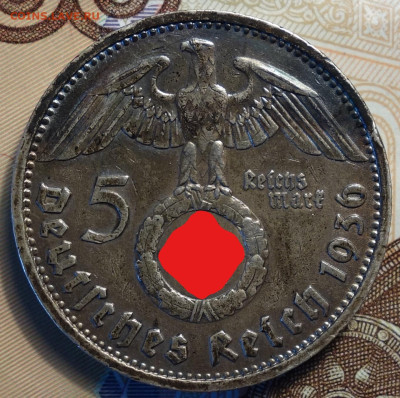 5 рейхсмарок 1936г D 17.05.2023г в 22-00 - 1936 D Св реверс (2)
