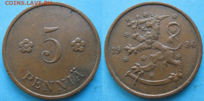 Финляндия 5 пенни 1936 до 25-05-23 в 22:00 - 16.49. -Финляндия 5 пенни 1936    166-к10-5117