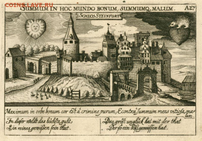 Нотгельды Германии. Обзорная тема. - Замок на гравюре на меди, 1623 г.