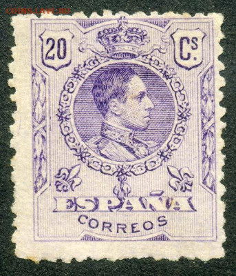 Испания 1917-21 гг. Альфонс XIII 20 с. фиолетовая - почта-марка_Испания-1920_АльфонсXIII-20с_сер-фиолет_синий-кн_чист-бк-бфн