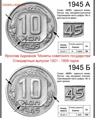 10 копеек 1948 г. определение - 10 копеек 1945 А и Б