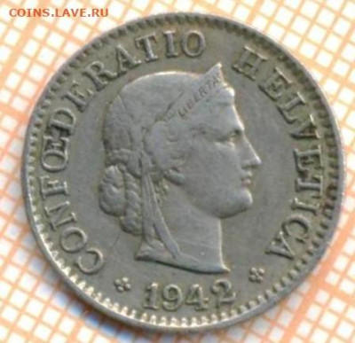 Швейцария 5 раппенов 1942 г., до 16.09.2023 г. в 22.00 по Мо - Швейцария 5 раппенов 1942 3