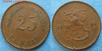 Финляндия 25 пенни 1940 Cu до 20-10-23 в 22:00 - 18.49. -Финляндия 25 пенни 1940    188-ас50-9725
