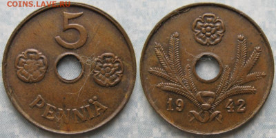 Финляндия 5 пенни 1942 до 24-10-23 в 22:00 - Финляндия 5 пенни 1942     180-к44-9921