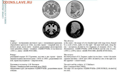 Один рубль 1993 г Бородин и Тургенев гурт с точкой - Тургенев