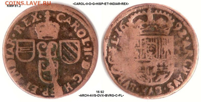 Медяк 1693(подозреваю что Испания,но сомневаюсь) - Фландрия 1 лиард (12 Mites) 1692 KM-81.2 (VLA.20 А-а), GH.356-AvK.115-116 - Oord 1692 (vGH 356-4b type II) 116