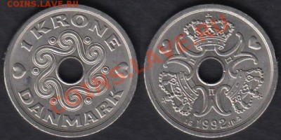 Дания 1 крона 1992 до 02.01.2012 21-30 - Дания 1 крона 1992