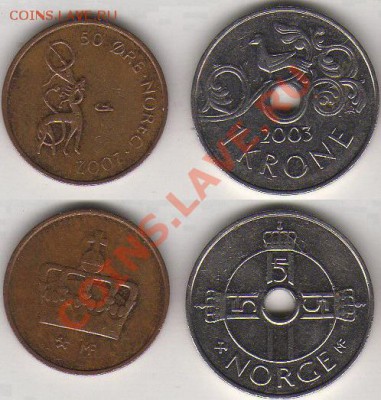 Норвегия 50 эре 2002 и 1 крона 2003 1860 до 02.01.2012 21-30 - Норвегия