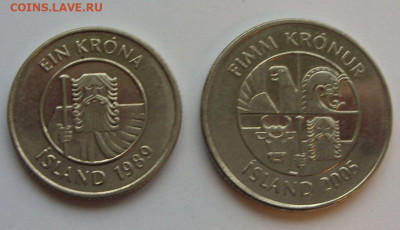 1 и 5 крон Исландия. 1989 и 2005. - 1 и 5 крон Исландия - 2