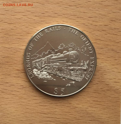 Крона Шайба Либерия 5 долларов 2000 Восточный экспресс - krona_shajba_liberija_5_dollarov_2000_legendarnye_poezda_vostochnyj_ekspress_zheleznaja_doroga_parovoz