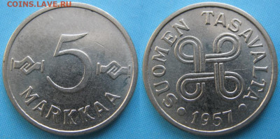 фикс Финляндия 1 и 5 марок 1952-61 до 08-01-24 в 22:00 - Финляндия 5 марок 1957    5192