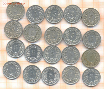 Швейцария 5 раппенов 20шт разные года, до 16.11.2023 г. в 22 - 3а 001