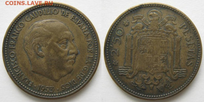 Испания 2,5 песеты 1953(56) до 22-01-24 в 22:00 - 11 99 Испания 2,5 песеты 1953(56)    1233