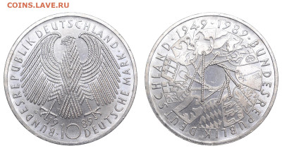 ФРГ. 10 марок 1989 г. 40 лет ФРГ. До 20.01.24. - Р1796