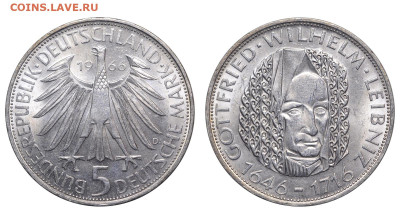 ФРГ. 5 марок 1966 г. Лейбниц. До 28.01.24. - Р1557