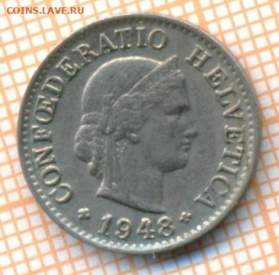 Швейцария 5 раппенов 1948 г., до 25.02.2024 г. в 22.00 по Мо - Швейцария 5 раппенов 1948 30 214