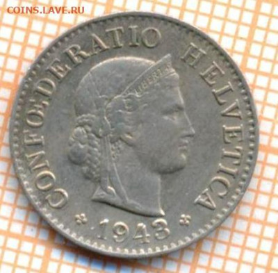 Швейцария 5 раппенов 1943 г., до 25.02.2024 г. в 22.00 по Мо - Швейцария 5 раппенов 1943 30 218