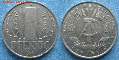 фикс ГДР 1 пфенниг 1952-1989 до 11-03-24 в 22:00 - 28.13. -ГДР 1 пфенниг 1961 А    7323