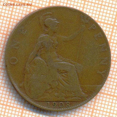 Великобритания 1 пенни 1908 г., до 23.03.2024 г. в 22.00 по - Великобрит 1 пенни 1908 435