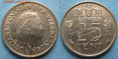 фикс Нидерланды 25 центов 1948-2000 до 02-04-24 в 22:00 - Нидерланды 25 центов 1951    9934