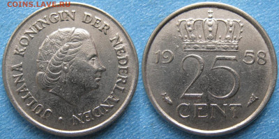 фикс Нидерланды 25 центов 1948-2000 до 02-04-24 в 22:00 - Нидерланды 25 центов 1958    9926