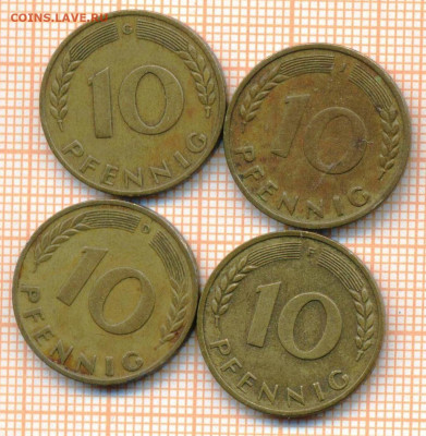 Германия 10 пф 1950 4двора г., до 18.04.2024 г. в 22.00 по М - Германия 10 пф 1950 4шт  655