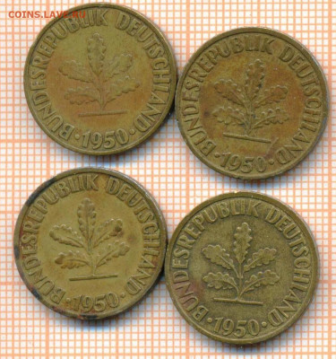 Германия 10 пф 1950 4двора г., до 18.04.2024 г. в 22.00 по М - Германия 10 пф 1950 4шт  655а