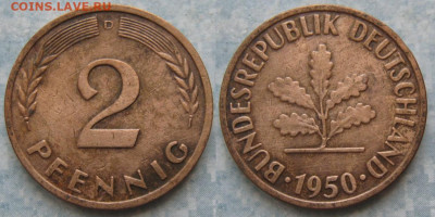 фикс Ходячка ФРГ 2 пфеннига 1950-1967. до 27-04-24 в 22:00 - 48.2. -ФРГ 2 пфеннига 1950 D    205-ас106-11584