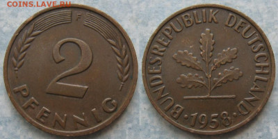 фикс Ходячка ФРГ 2 пфеннига 1950-1967. до 27-04-24 в 22:00 - 48.7. -ФРГ 2 пфеннига 1958 F    205-ас106-11579