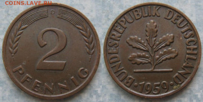 фикс Ходячка ФРГ 2 пфеннига 1950-1967. до 27-04-24 в 22:00 - 48.10. -ФРГ 2 пфеннига 1959 D    205-ас106-11587