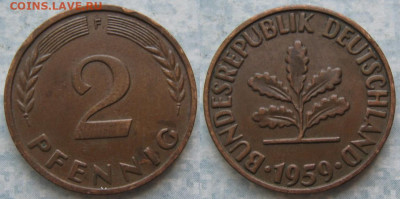 фикс Ходячка ФРГ 2 пфеннига 1950-1967. до 27-04-24 в 22:00 - 48.11. -ФРГ 2 пфеннига 1959 F    205-ас106-11588