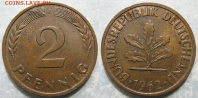 фикс Ходячка ФРГ 2 пфеннига 1950-1967. до 27-04-24 в 22:00 - 48.20. -ФРГ 2 пфеннига 1962 F    190-ас100-11502