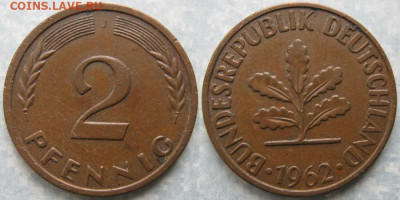 фикс Ходячка ФРГ 2 пфеннига 1950-1967. до 27-04-24 в 22:00 - 48.21. -ФРГ 2 пфеннига 1962 J    180-ас65-10161
