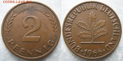 фикс Ходячка ФРГ 2 пфеннига 1950-1967. до 27-04-24 в 22:00 - 48.35. -ФРГ 2 пфеннига 1966 F    190-ас100-11575