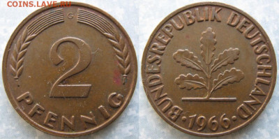 фикс Ходячка ФРГ 2 пфеннига 1950-1967. до 27-04-24 в 22:00 - 48.36. -ФРГ 2 пфеннига 1966 G    184-к28-8977