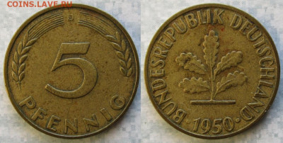 фикс Ходячка ФРГ 5 пфеннигов 1949-1995г до 27-04-24 в 22:00 - 49.8. -ФРГ 5 пфеннигов 1950 D    5085