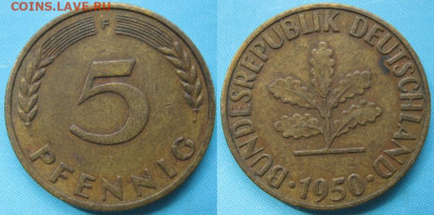 фикс Ходячка ФРГ 5 пфеннигов 1949-1995г до 27-04-24 в 22:00 - 49.11. -ФРГ 5 пфеннигов 1950 F    166-к11-5159