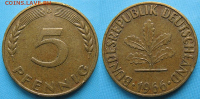 фикс Ходячка ФРГ 5 пфеннигов 1949-1995г до 27-04-24 в 22:00 - 49.16. -ФРГ 5 пфеннигов 1966 D    167-ас16-5357