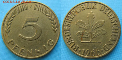 фикс Ходячка ФРГ 5 пфеннигов 1949-1995г до 27-04-24 в 22:00 - 49.17. -ФРГ 5 пфеннигов 1966 F    166-ас8-5147