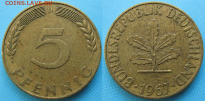 фикс Ходячка ФРГ 5 пфеннигов 1949-1995г до 27-04-24 в 22:00 - 49.21. -ФРГ 5 пфеннигов 1967 D    166-ас8-5143