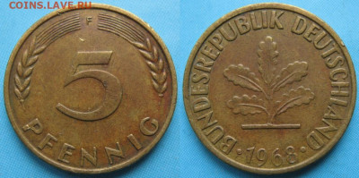 фикс Ходячка ФРГ 5 пфеннигов 1949-1995г до 27-04-24 в 22:00 - 49.24. -ФРГ 5 пфеннигов 1968 F    167-ас16-5361