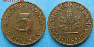 фикс Ходячка ФРГ 5 пфеннигов 1949-1995г до 27-04-24 в 22:00 - 49.25. -ФРГ 5 пфеннигов 1968 G    167-ас16-5363